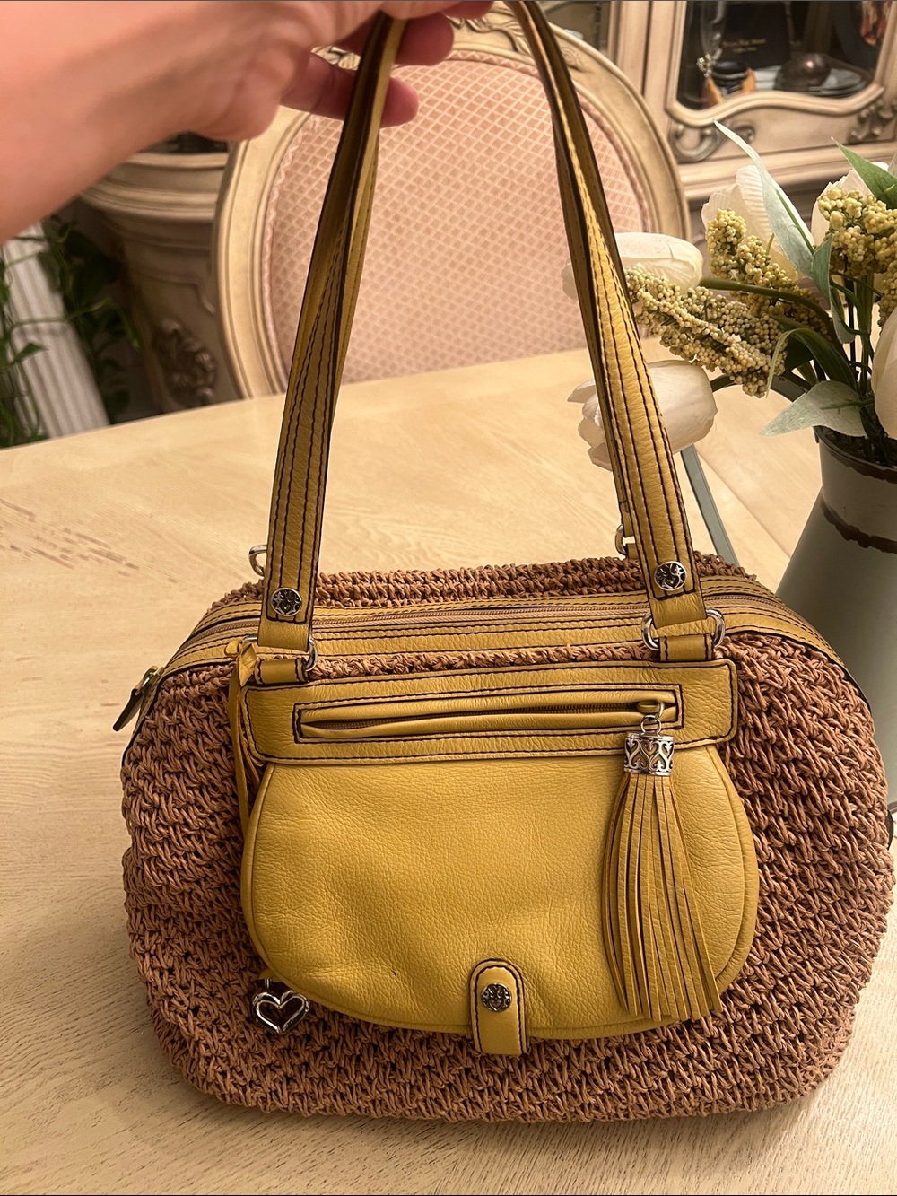Brighton Mustard Yellow Woven Shoulder Bag with Tassel